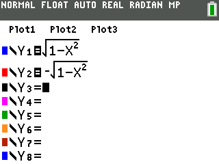 TI-84 Y= screen showing how to plot a circle in rectangular coordinates