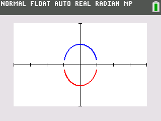 TI-84 graph showing the unit circle plotted as an upper half in blue and lower half in red
