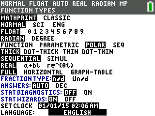 TI-84 MODE menu with POLAR highlighted under the function type row